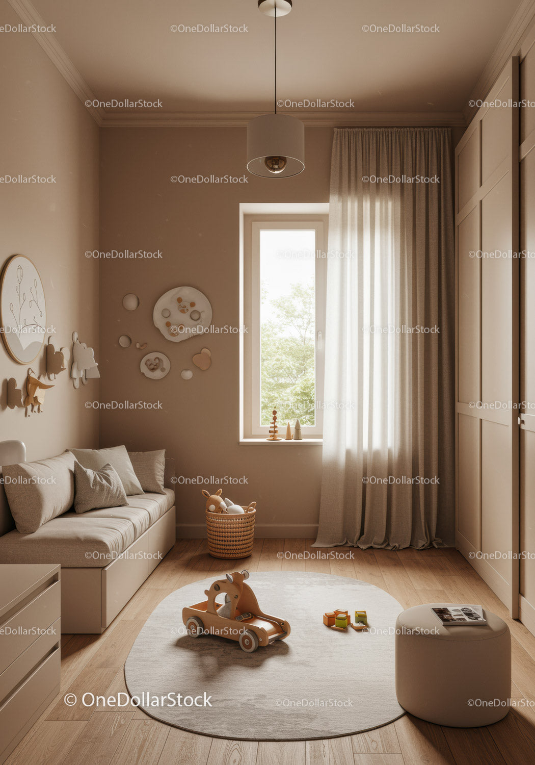 Modern Nursery Room with Wooden Toys and Soft Beige Decor