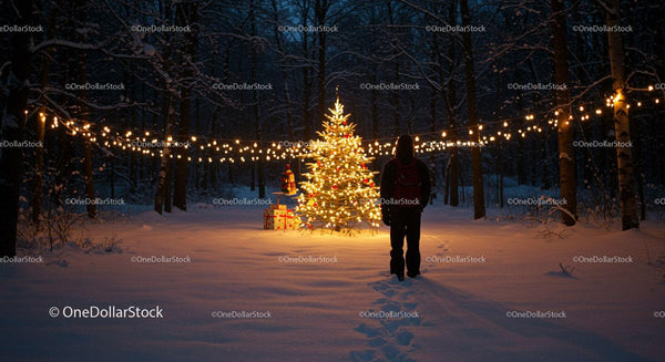Person Admiring Lit Christmas Tree in Snowy Forest