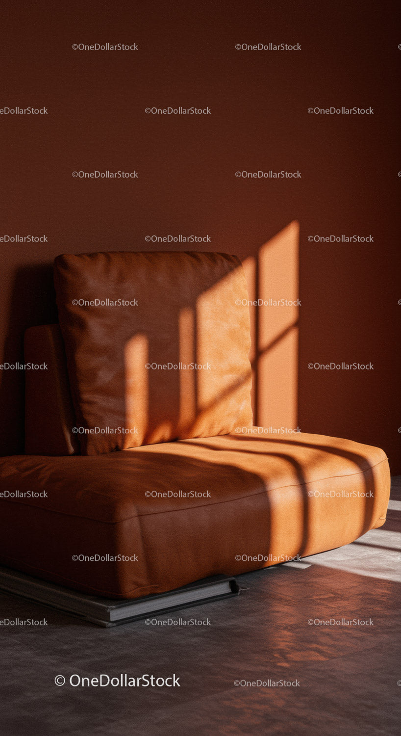 Brown Leather Sofa in Warmly Lit Modern Living Room
