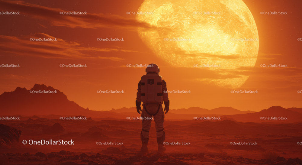 Astronauta badający obcą planetę pod ogromną, żółtą sceną księżyca