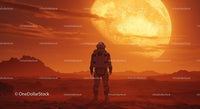 Astronaut Exploring Alien Planet Under Massive Yellow Moon Scene