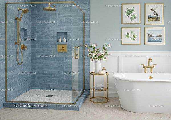 Modern bathroom with blue tile shower and freestanding tub