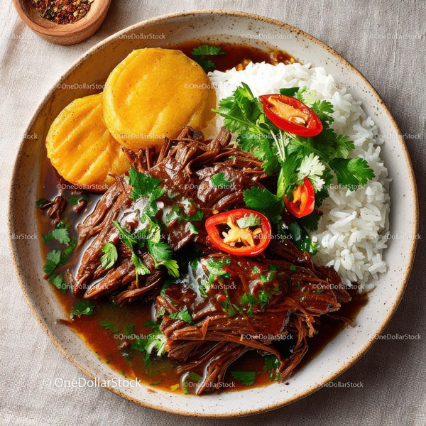 Savoury Beef Dish with Rice and Plantains Garnished with Herbs