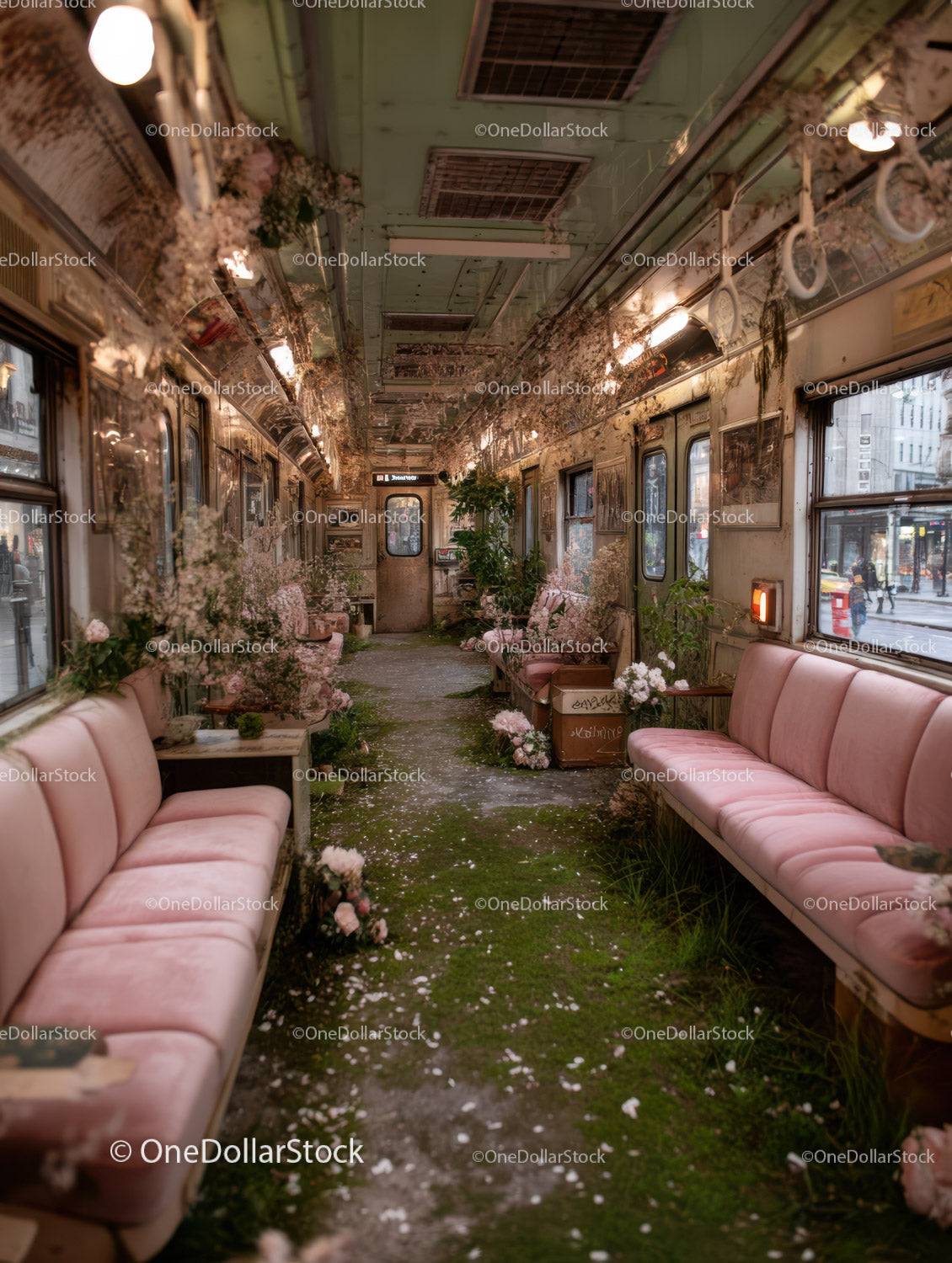Vintage Train Carriage with Pink Velvet Benches and Overgrown Flowers