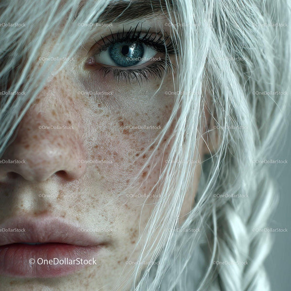Close-up of a Woman's Face with Blue Eye and Freckles