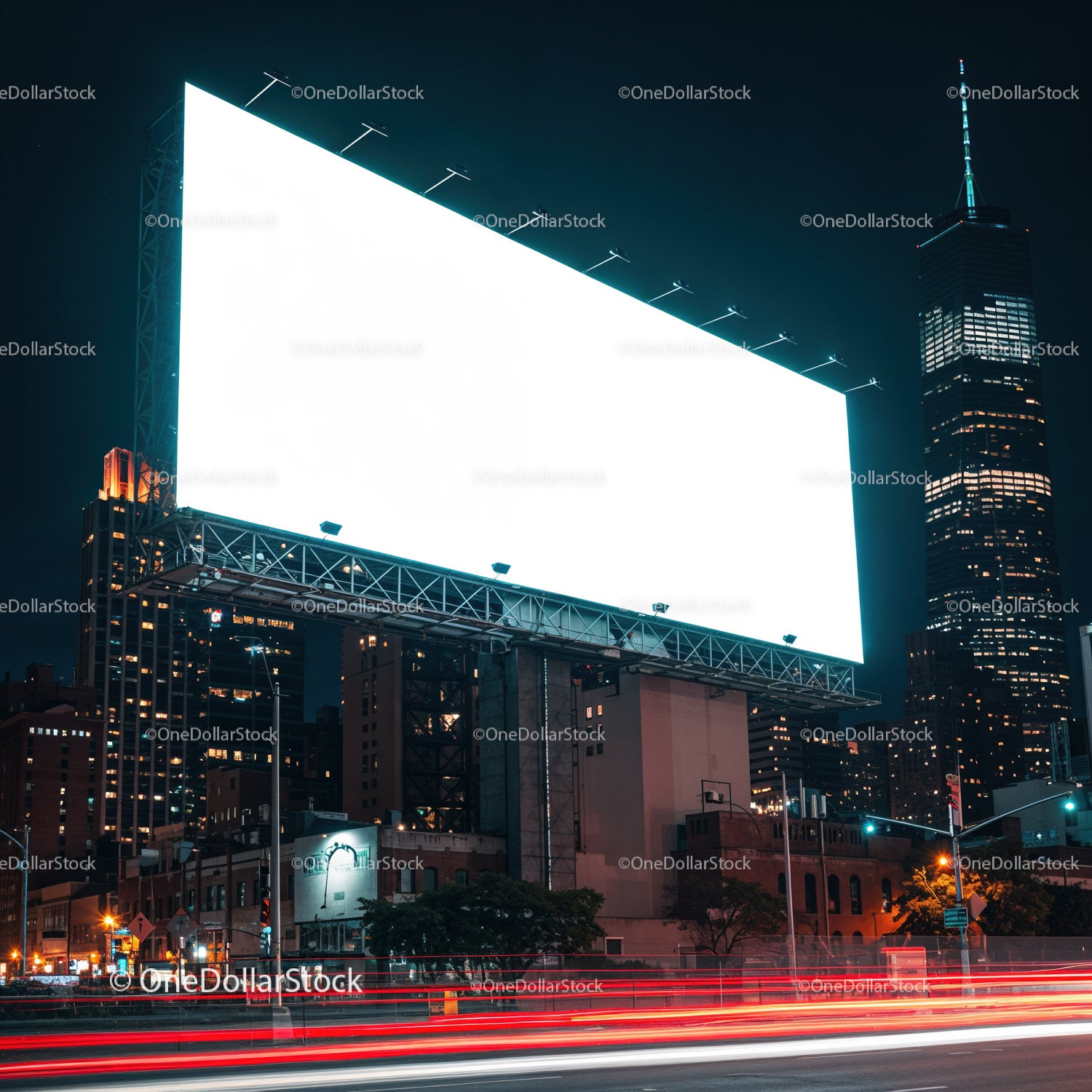Bright Blank Billboard Overlooking Vibrant Cityscape At Night
