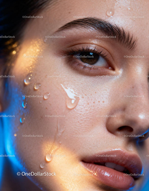 Close up of natural skin with water droplets on cheek