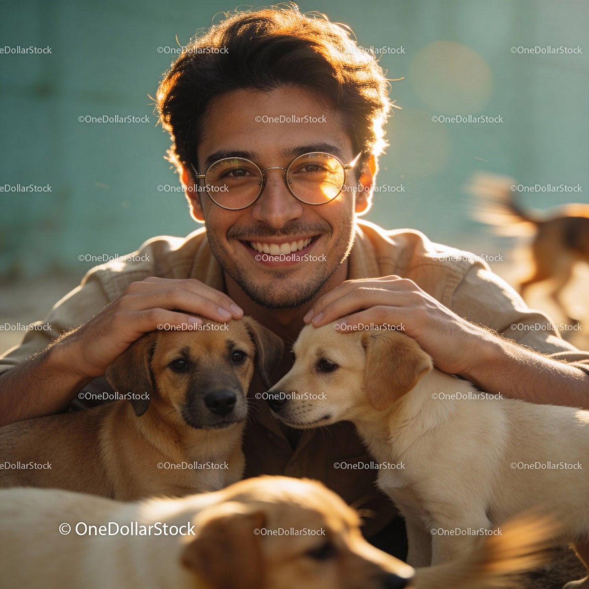 Smiling man enjoying time with adorable puppies