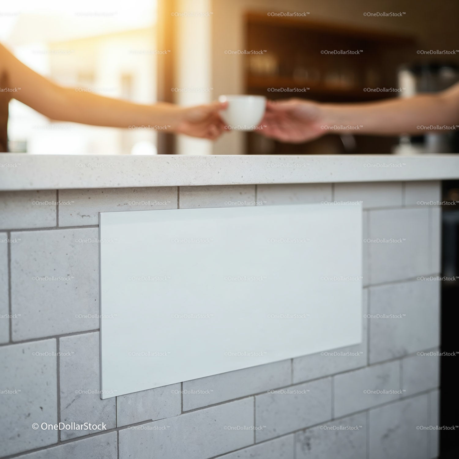Two People Sharing Coffee Across Kitchen Counter