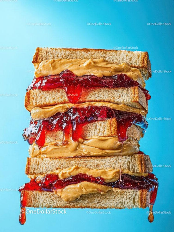 Layered Peanut Butter and Jelly Sandwich with Dripping Jam on Blue Background