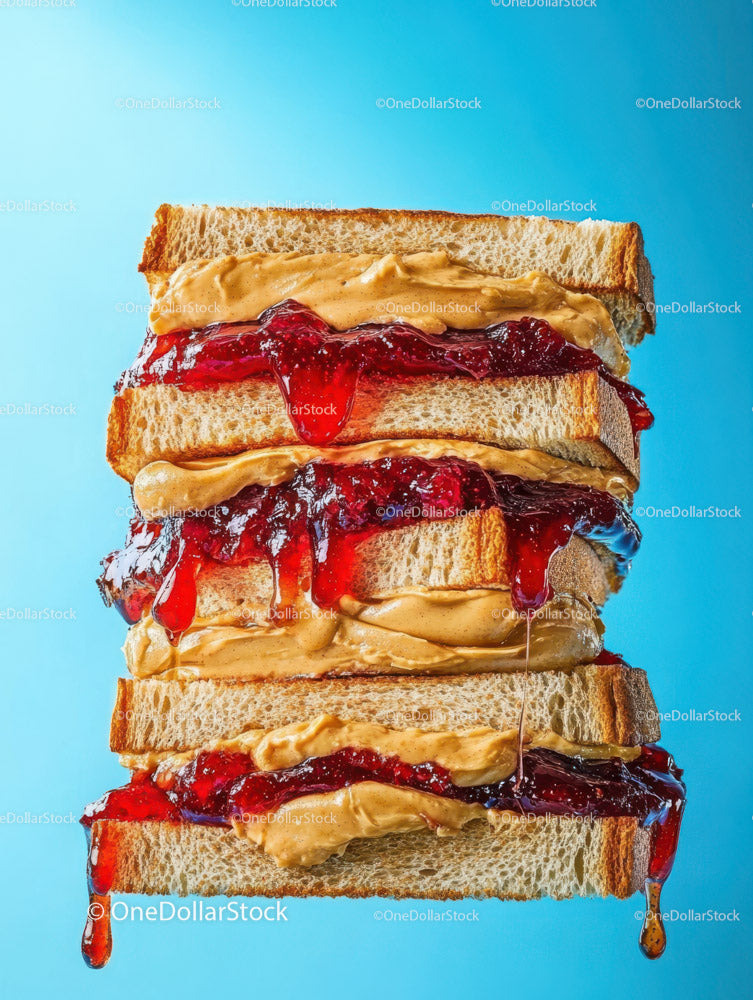 Layered Peanut Butter and Jelly Sandwich with Dripping Jam on Blue Background