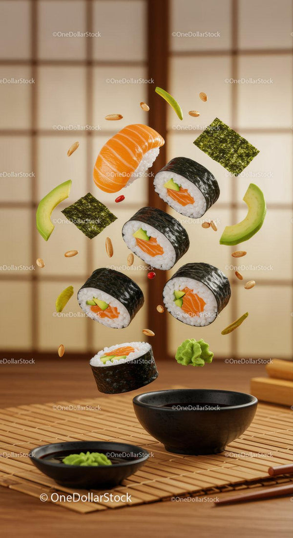 Świeże rolki sushi z łososiem, awokado i wodorostami - szczegóły