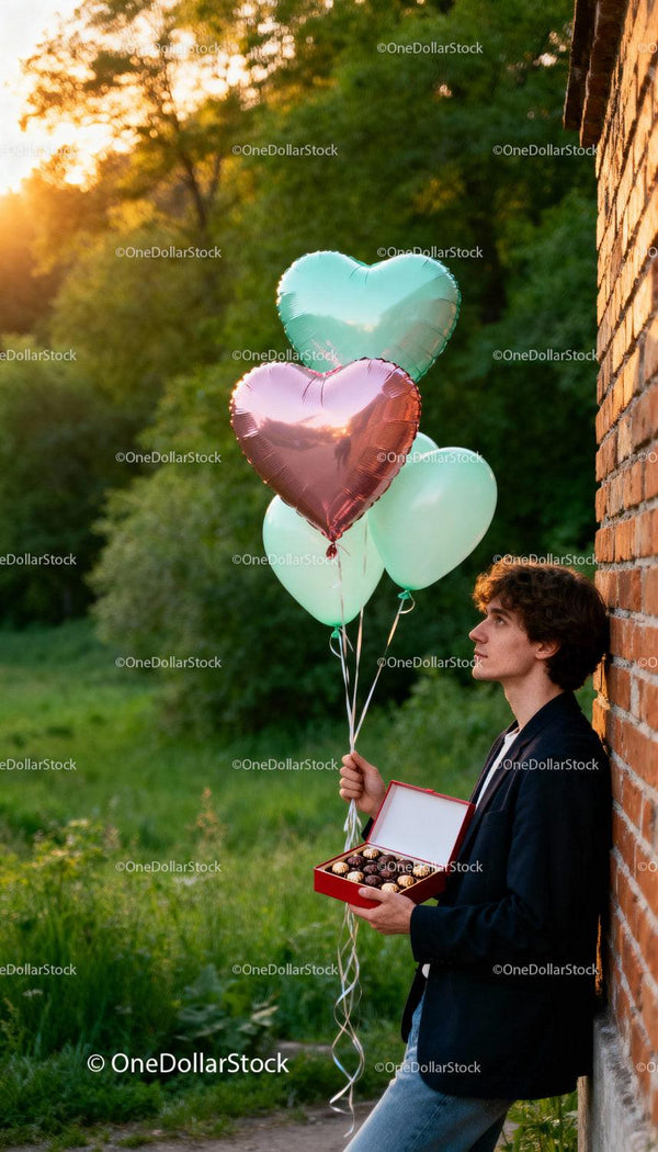 Młody mężczyzna trzymający balony w kształcie serca i czekoladki na zewnątrz