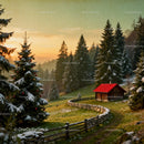 Cozy Cabin by Snow-Dusted Pine Trees at Sunset
