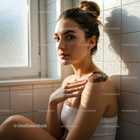 Young woman with natural body scrub in bright bathroom
