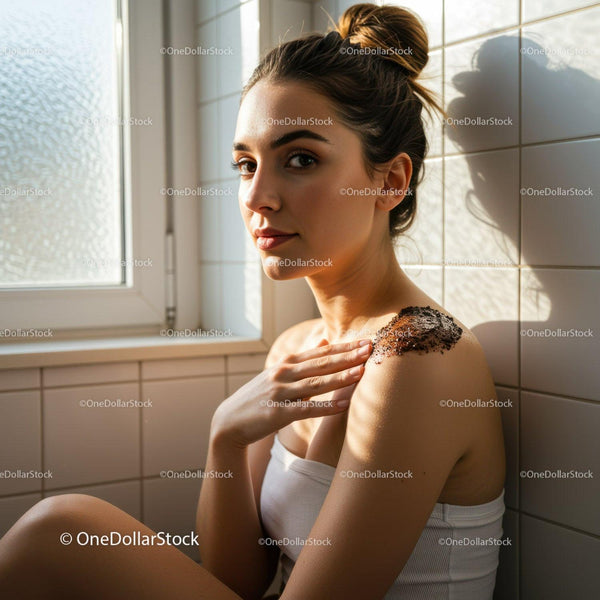 Młoda kobieta z naturalnym peelingiem do ciała w jasnej łazience