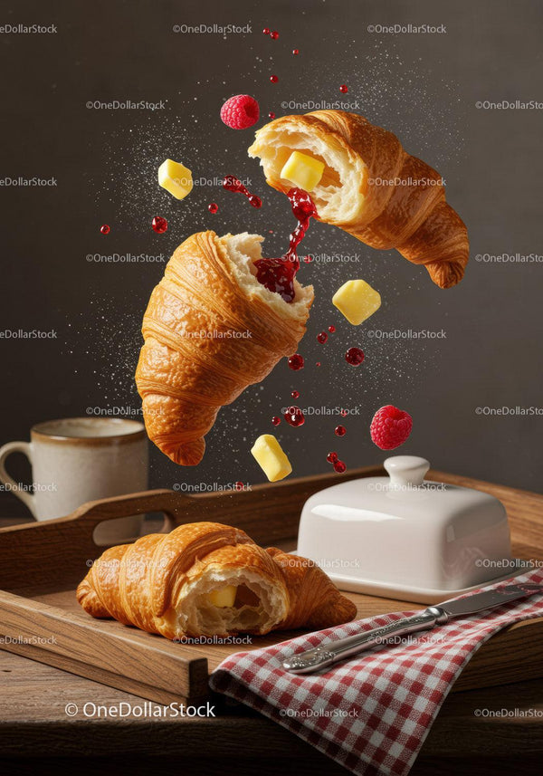 Fresh Croissants with Butter and Raspberry Jam Splash