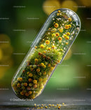 Colorful Flower Capsule with Tiny Blooming Flowers in a Scientific Container