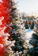 Snow-covered evergreen trees in wintry forest scene