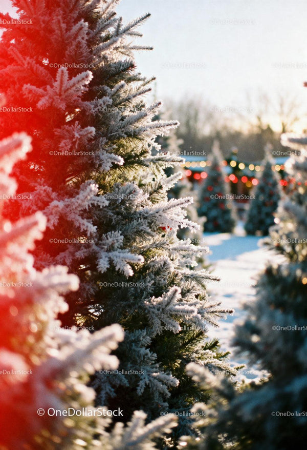 Snow-covered evergreen trees in wintry forest scene