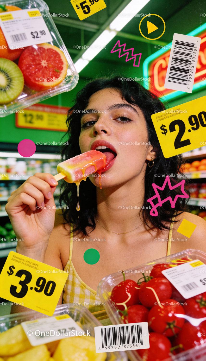 Young woman enjoying colorful melting popsicle in grocery store