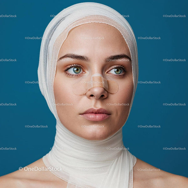 Young Woman with Bandages on Face and Healing Wound in Studio