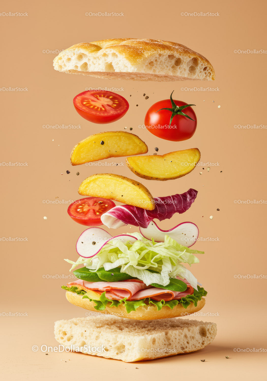 Fresh sandwich ingredients floating in midair on beige background