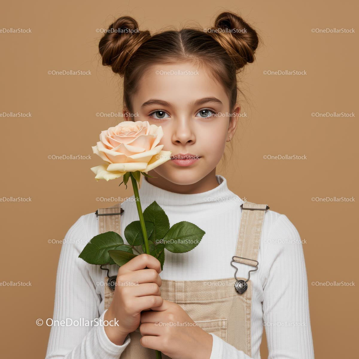 Young Girl Holding Peach Rose in Stylish Casual Outfit