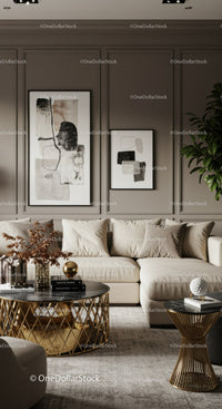 Elegant neutral living room with modern abstract art