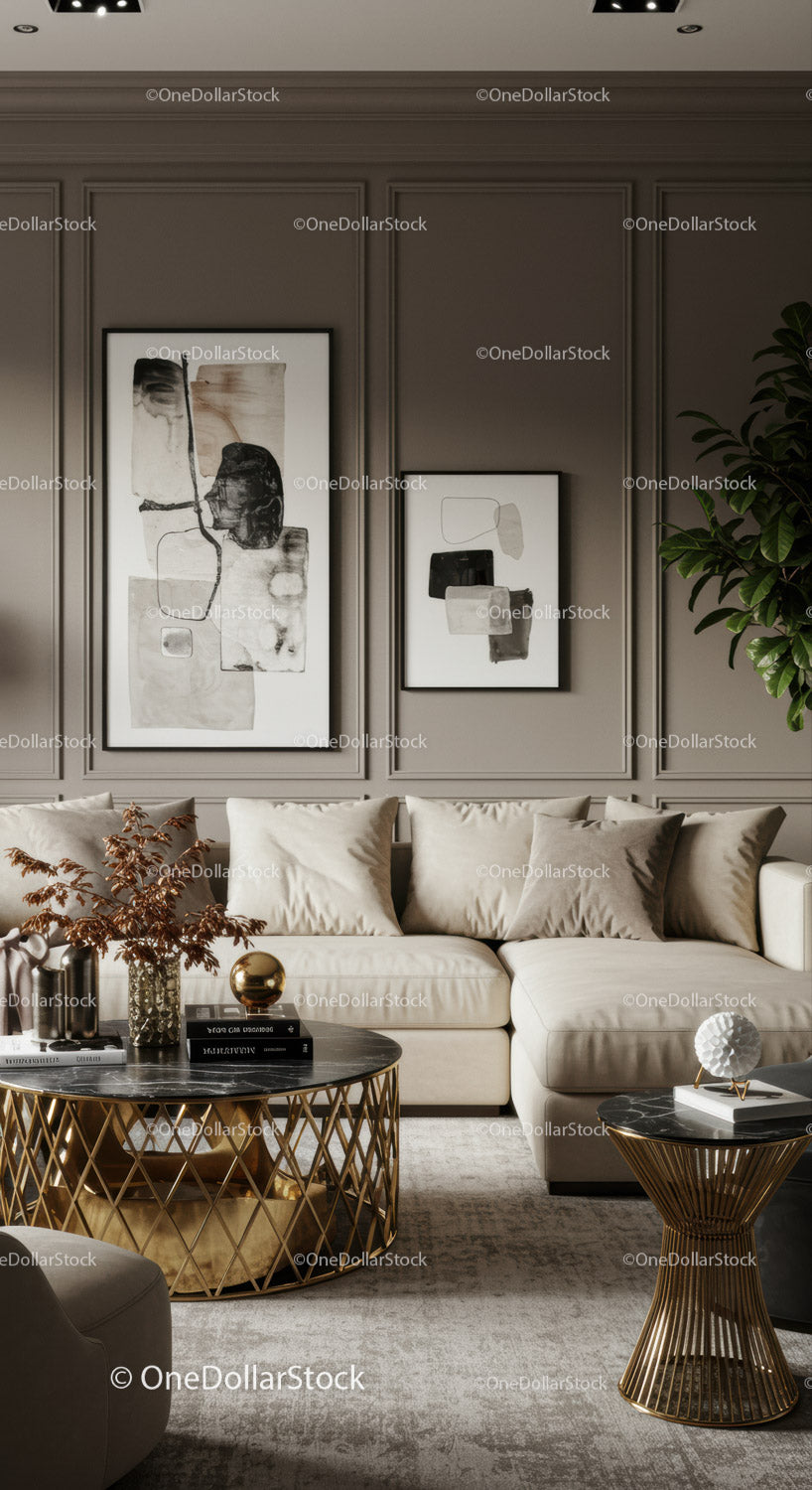 Elegancki, neutralny salon z nowoczesną, abstrakcyjną sztuką
