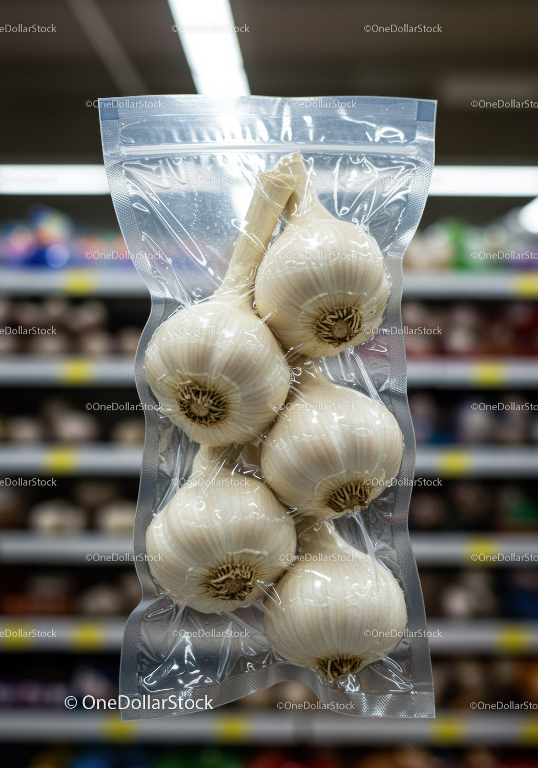 Świeże główki czosnku pakowane próżniowo w alejce supermarketu
