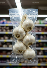 Vacuum Packed Fresh Garlic Bulbs in Supermarket Aisle