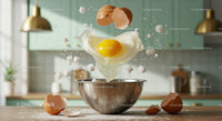 Fresh egg dropping into mixing bowl with sugar cubes