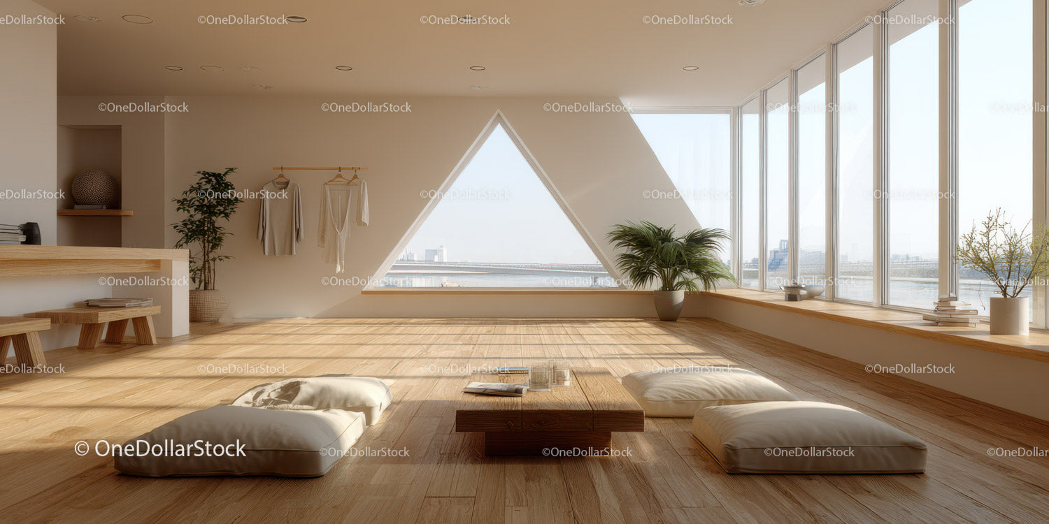 Bright Scandinavian Lounge with Large Windows and Indoor Plants