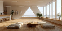 Bright Scandinavian Lounge with Large Windows and Indoor Plants