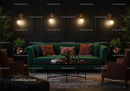 Cozy living room with emerald sofa and ambient lighting
