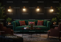 Cozy living room with emerald sofa and ambient lighting