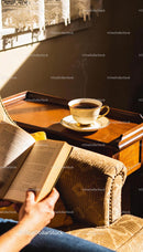 Relaxing morning with a book and hot coffee