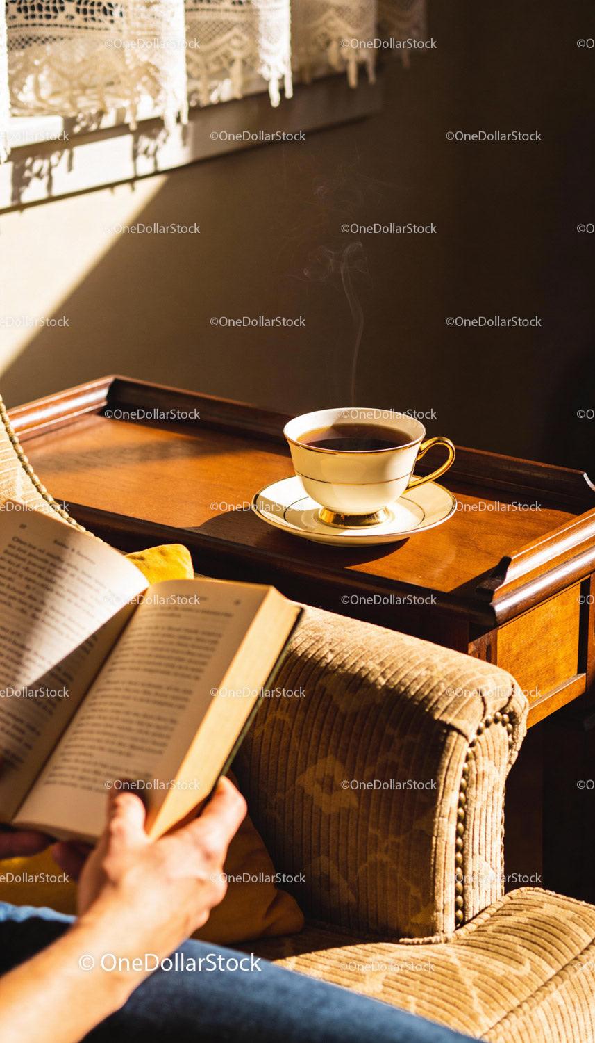 Relaxing morning with a book and hot coffee