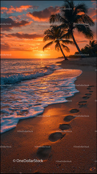 Scenic Tropical Beach Sunset with Palm Trees and Ocean Waves