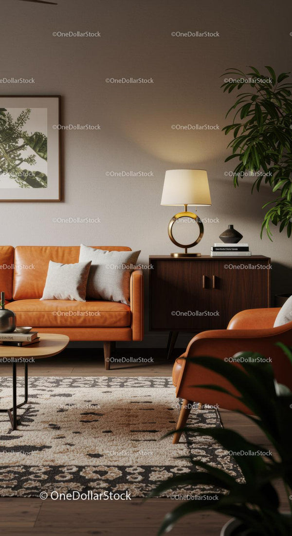 Cozy living room with leather sofa and warm lighting