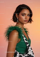 Elegant Woman Wearing Green Feathered Shoulder Dress with Accessories