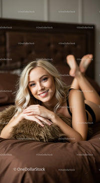 Smiling woman relaxing on bed with cozy pillow