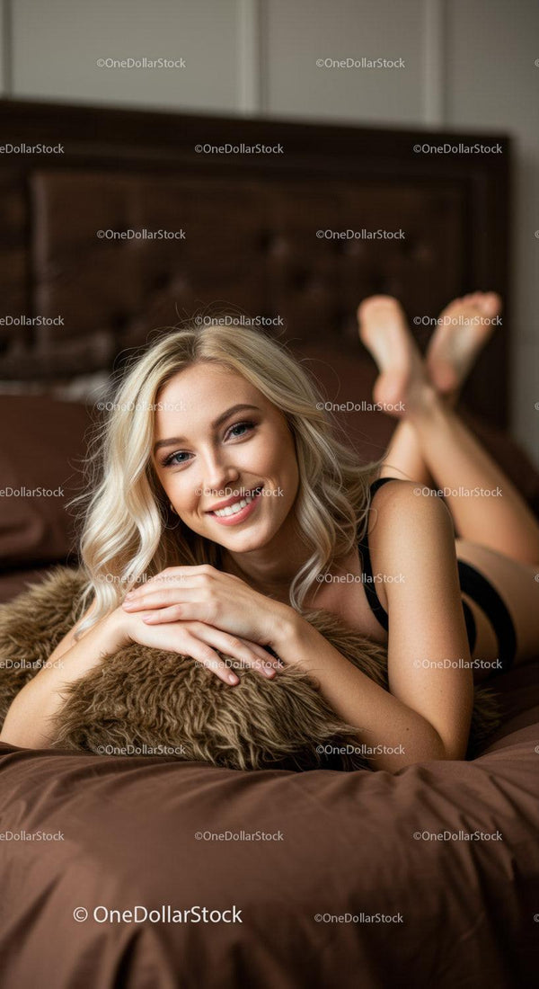 Smiling woman relaxing on bed with cozy pillow