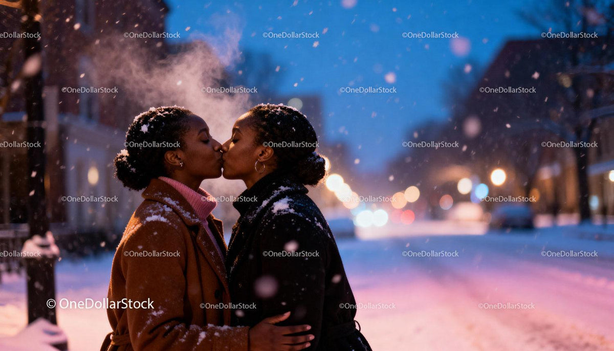 Couple sharing a tender kiss on snowy winter evening