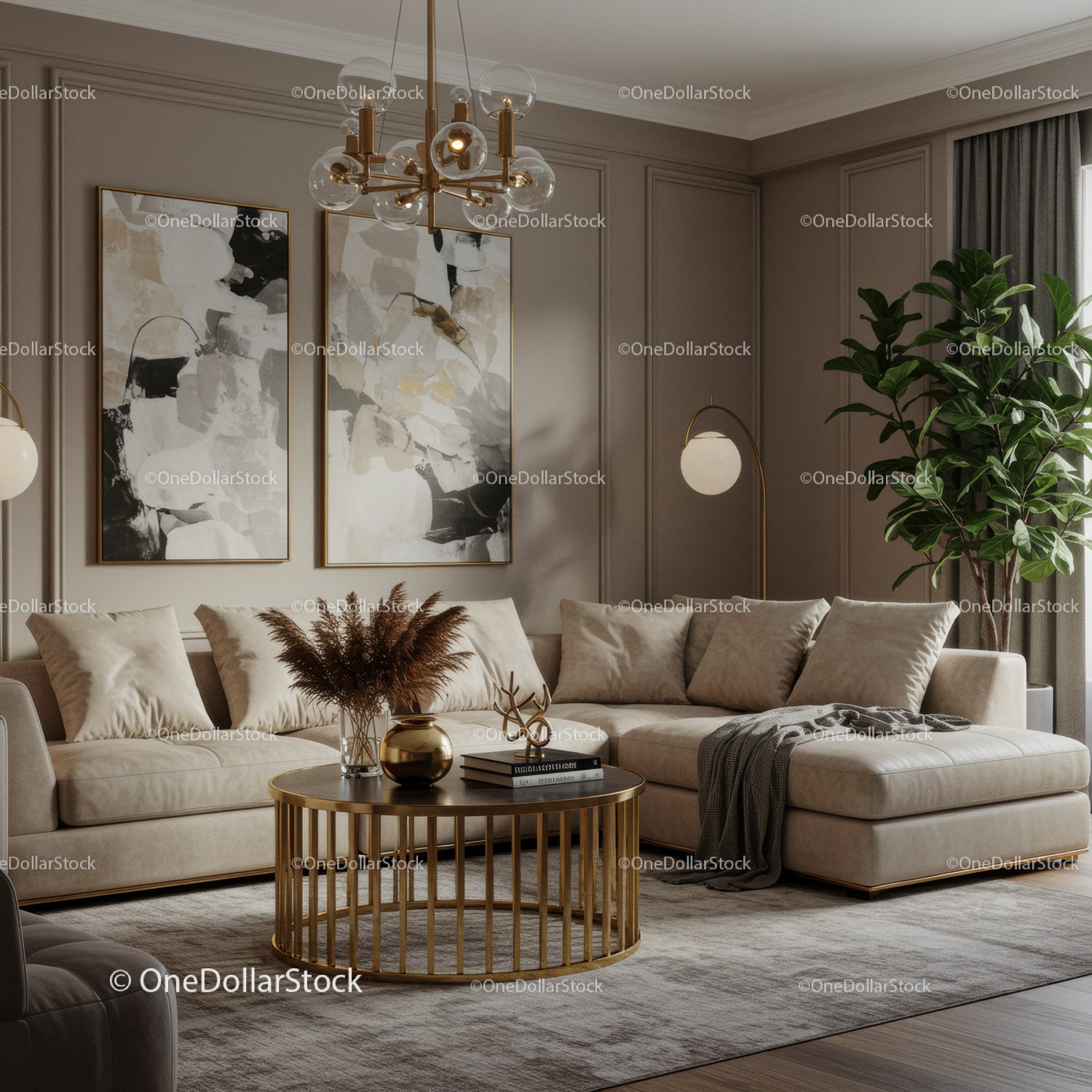 Cozy beige living room with elegant gold accents