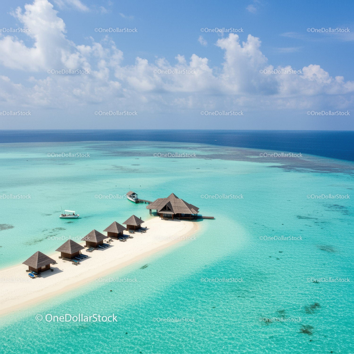 Overwater Bungalows on Turquoise Lagoon in Exotic Island Paradise