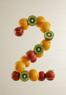 Number two made of fresh mixed fruits on light background