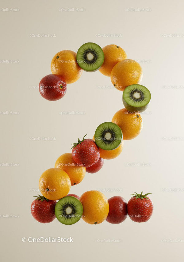 Number two made of fresh mixed fruits on light background