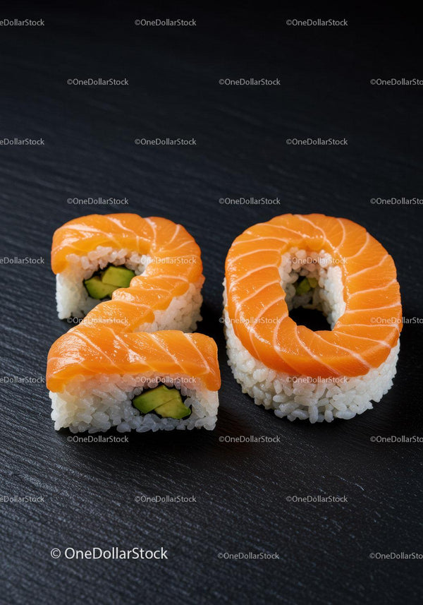 Salmon sushi rolls shaped as number twenty on slate